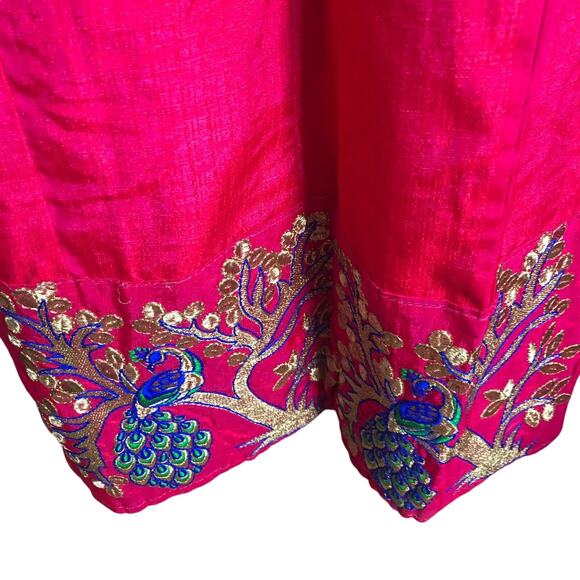 Bollywood Boho Maxi Lehenga Skirt Fuchsia Pink Gold Embroidered Peacocks - Picture 7 of 10